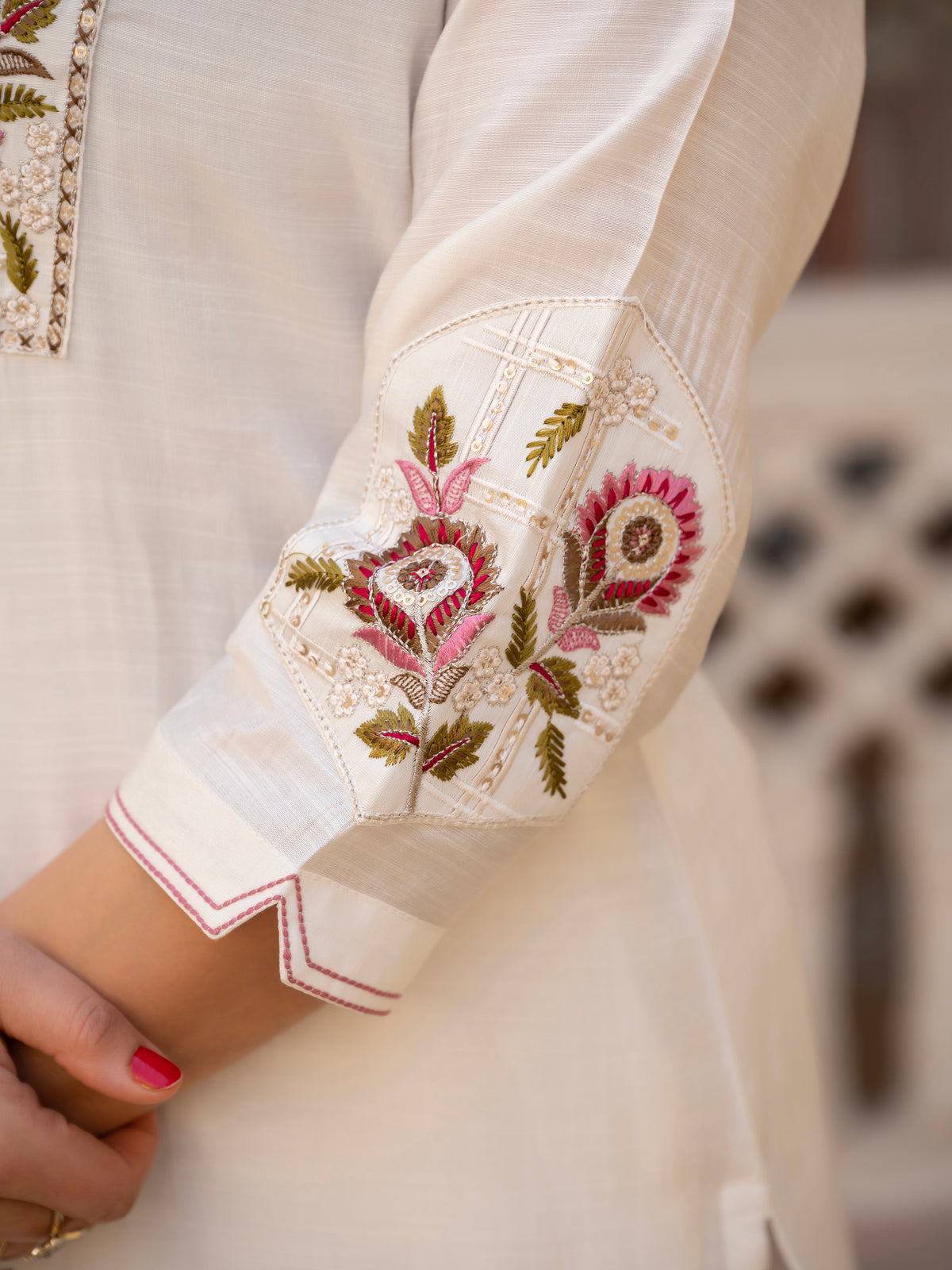 White Viscose Mango Silk Embroidered Kurti Set