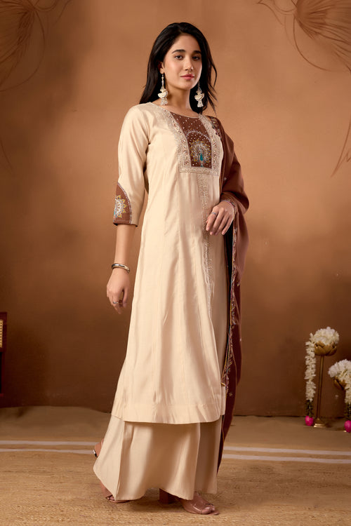 Elegant Cream Roman Silk Kurti Set