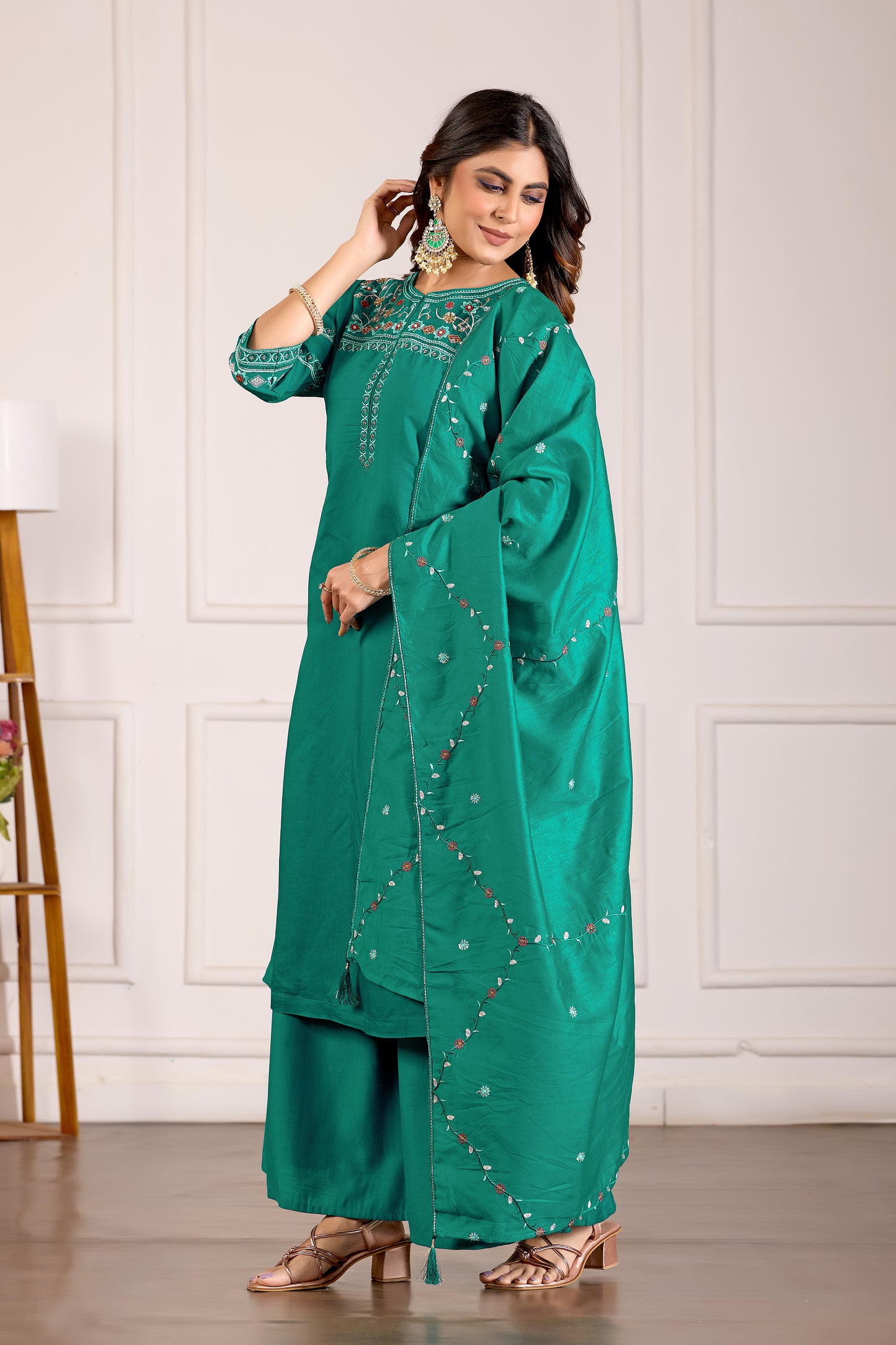 Rama Green Viscose Mango Silk Anarkali Kurti Set