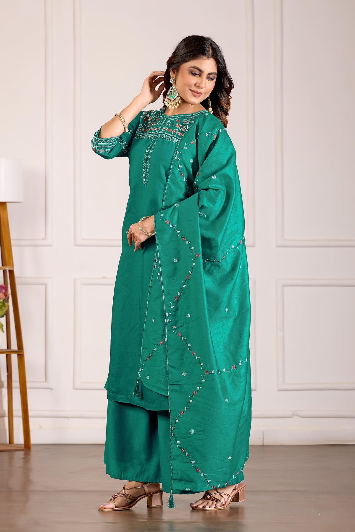 Rama Green Viscose Mango Silk Anarkali Kurti Set
