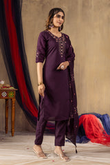 Wine Roman Silk Multi Embroidered Suit Set
