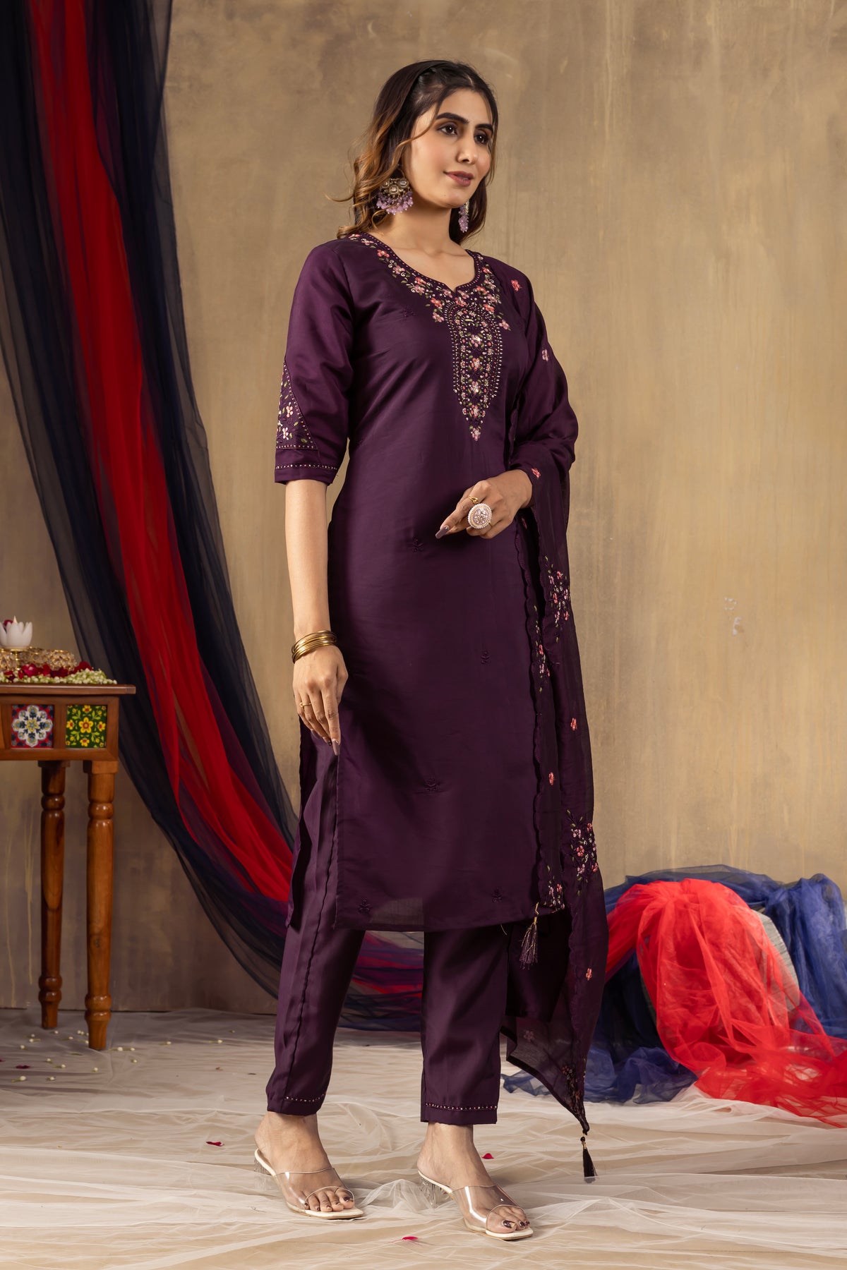 Wine Roman Silk Multi Embroidered Suit Set