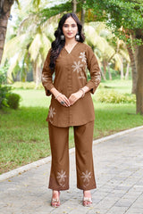 Classic Brown Heavy Rayon Embroidered Co-Ord Set