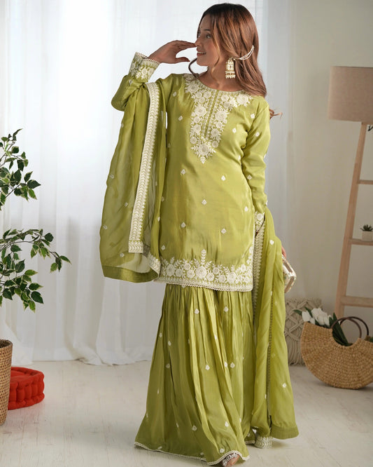 Olive Green Embroidered French Crepe Kurta Sharara Set