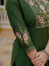 Green Viscose Mango Silk Embroidered Kurti Set