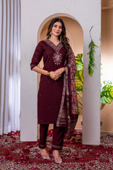 Wine Marina Viscose Silk Multi Embroidered Suit Set