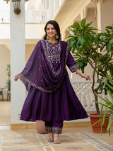 Purple Viscose Roman Silk Anarkali Kurti Pant Set