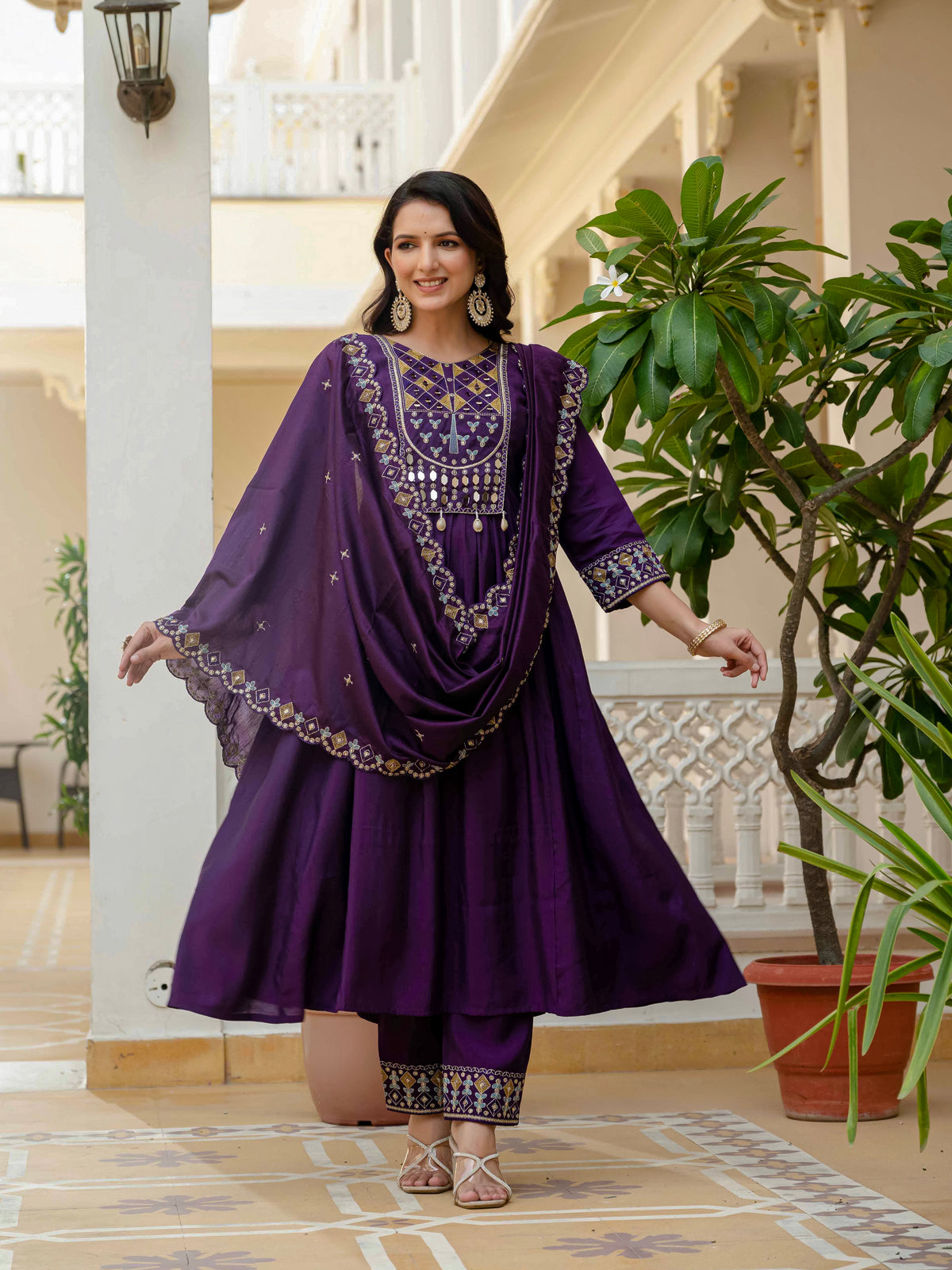 Purple Viscose Roman Silk Anarkali Kurti Pant Set