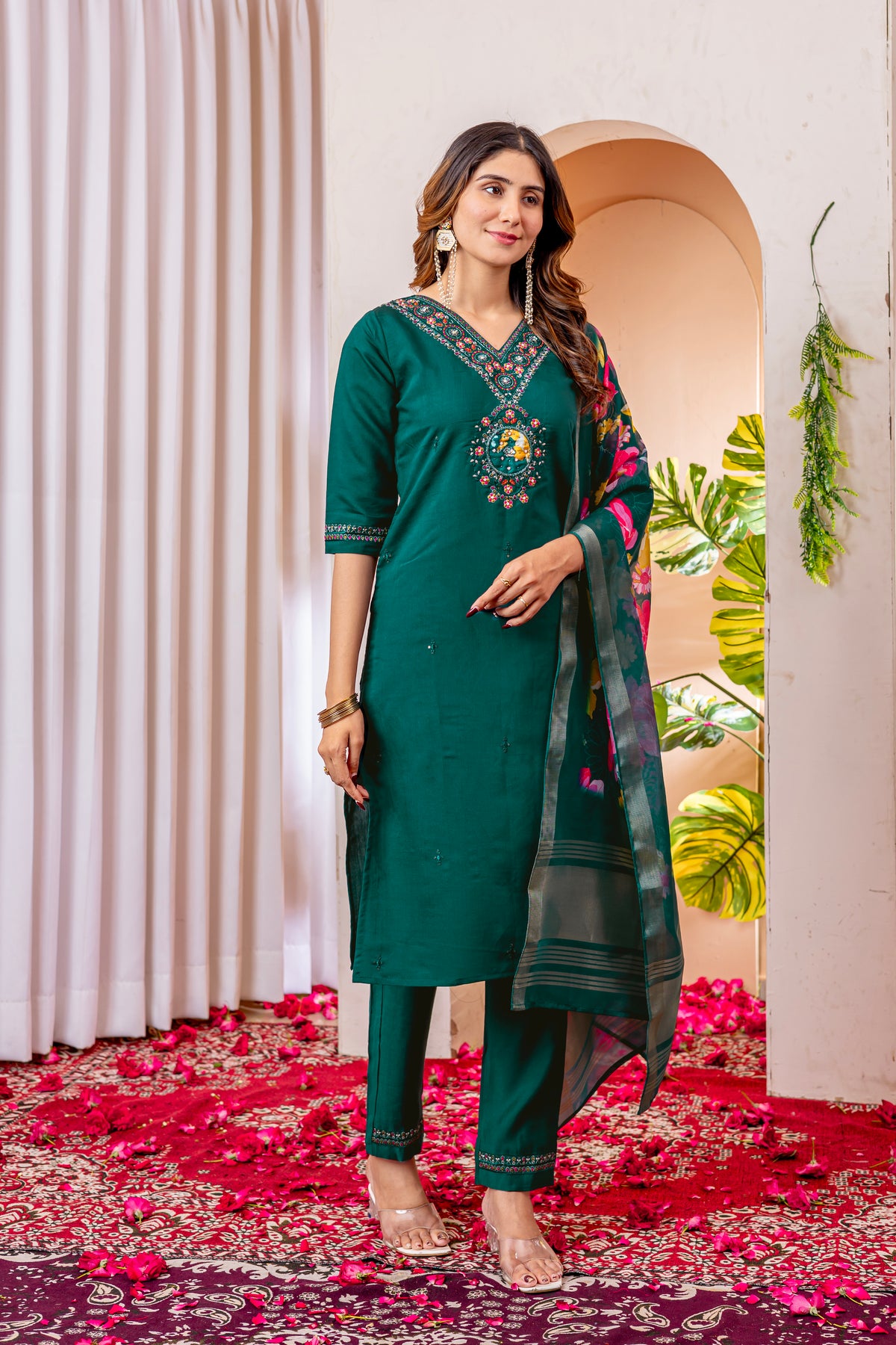 Green Marina Viscose Silk Multi Embroidered Suit Set