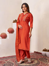 Rust Orange Roman Silk Embroidered Kurti Pant Dupatta Set