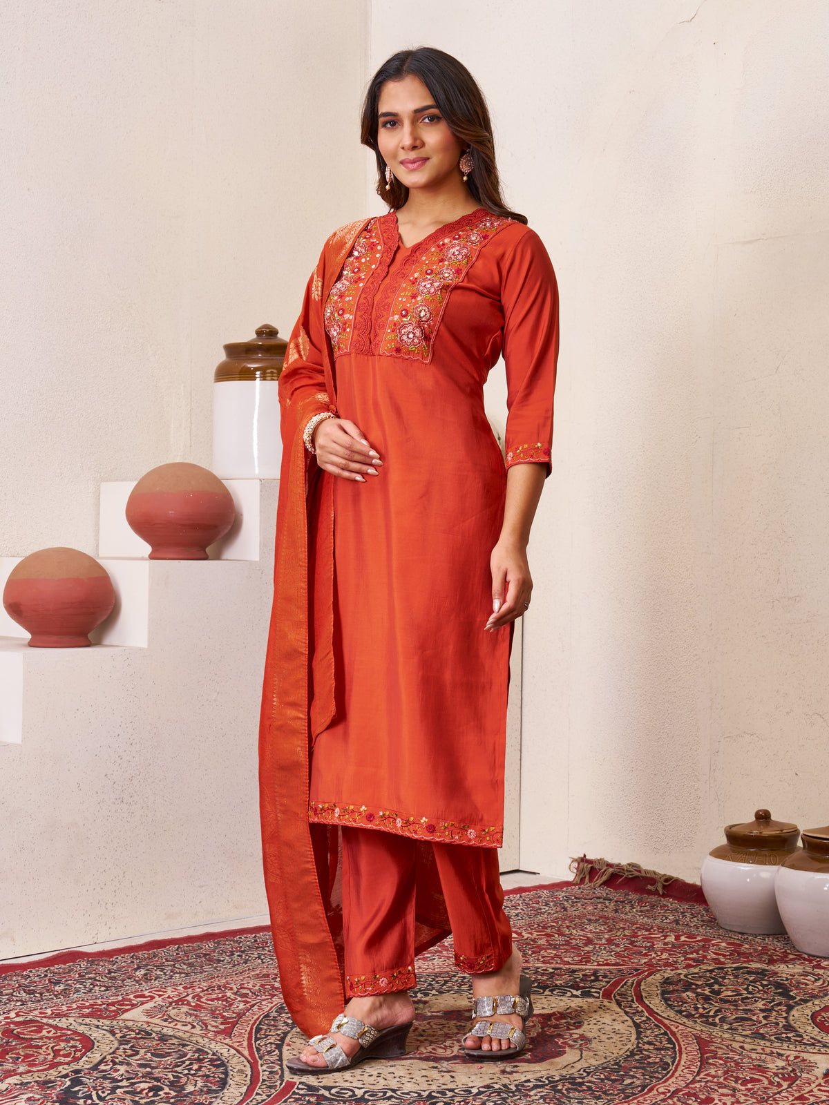 Rust Orange Roman Silk Embroidered Kurti Pant Dupatta Set