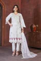 White Heavy Viscose Roman Silk Embroidered Kurti Pant Dupatta Set