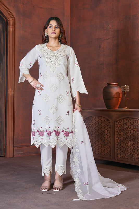 White Heavy Viscose Roman Silk Embroidered Kurti Pant Dupatta Set