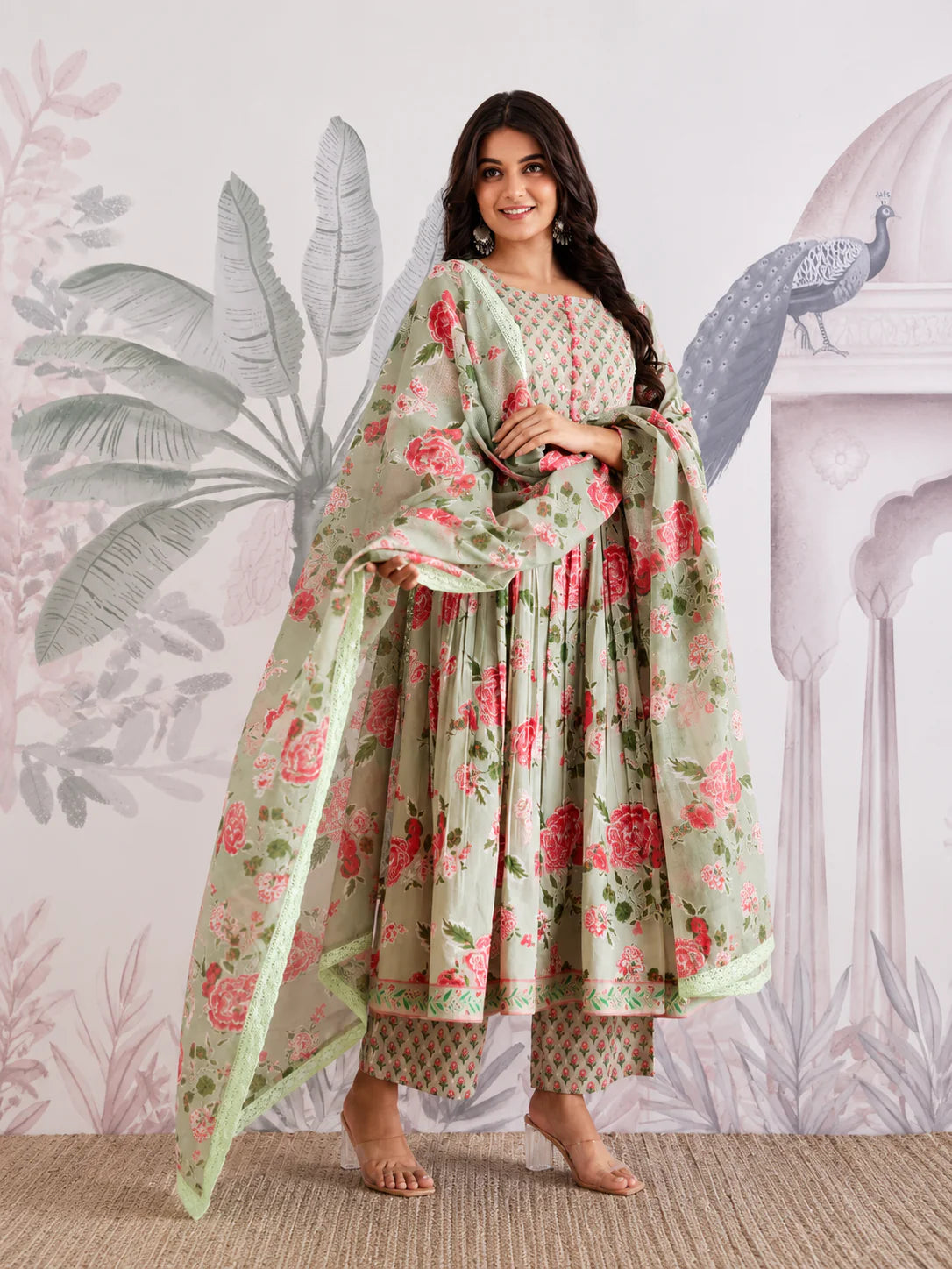 Floral Jaipuri Cotton Flared Anarkali Suit Set