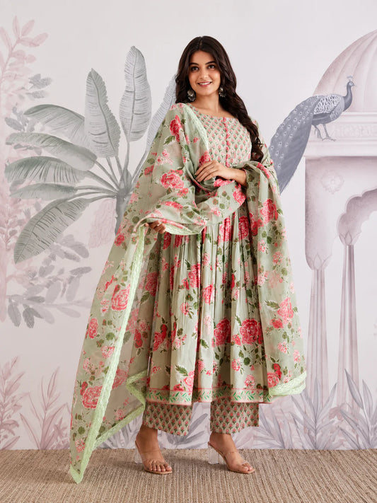 Floral Jaipuri Cotton Flared Anarkali Suit Set