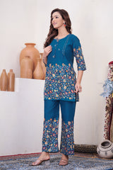 Elegant Teal Blue Floral Printed Pure Cotton Co-Ord Set