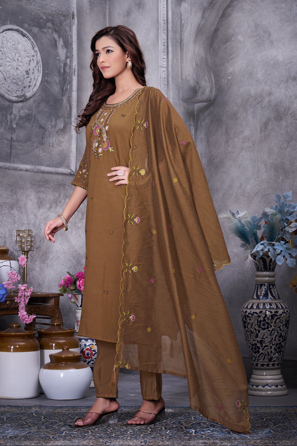 Mustard Roman Silk Kurti Pant Set