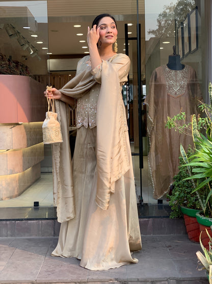 Champagne Embroidered Silk Palazzo Suit Set