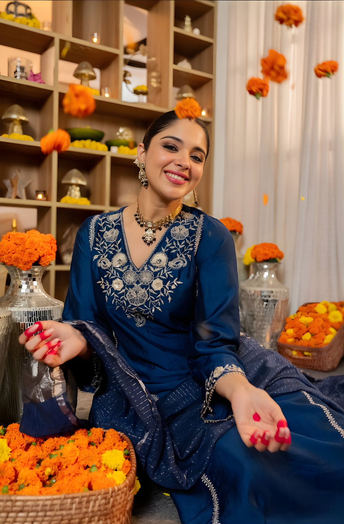Navy Blue Embroidered Kurti Pant Dupatta Set