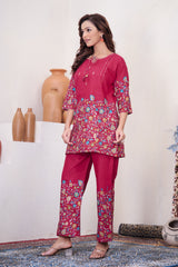 Rani Pink Pure Cotton Printed Co-Ord Set Trendy Women’s Top & Bottom Set