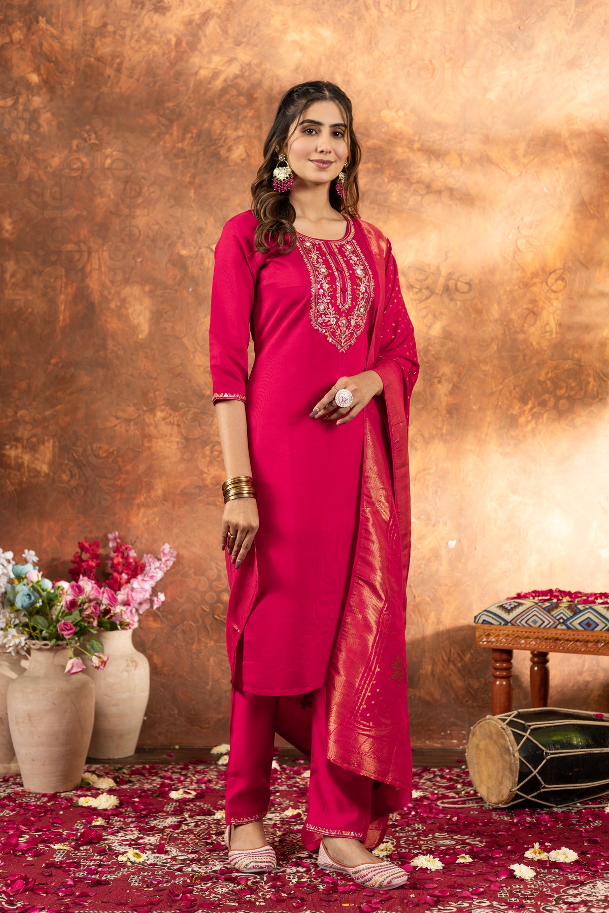 Pink Marina Silk Multi Embroidered Suit Set