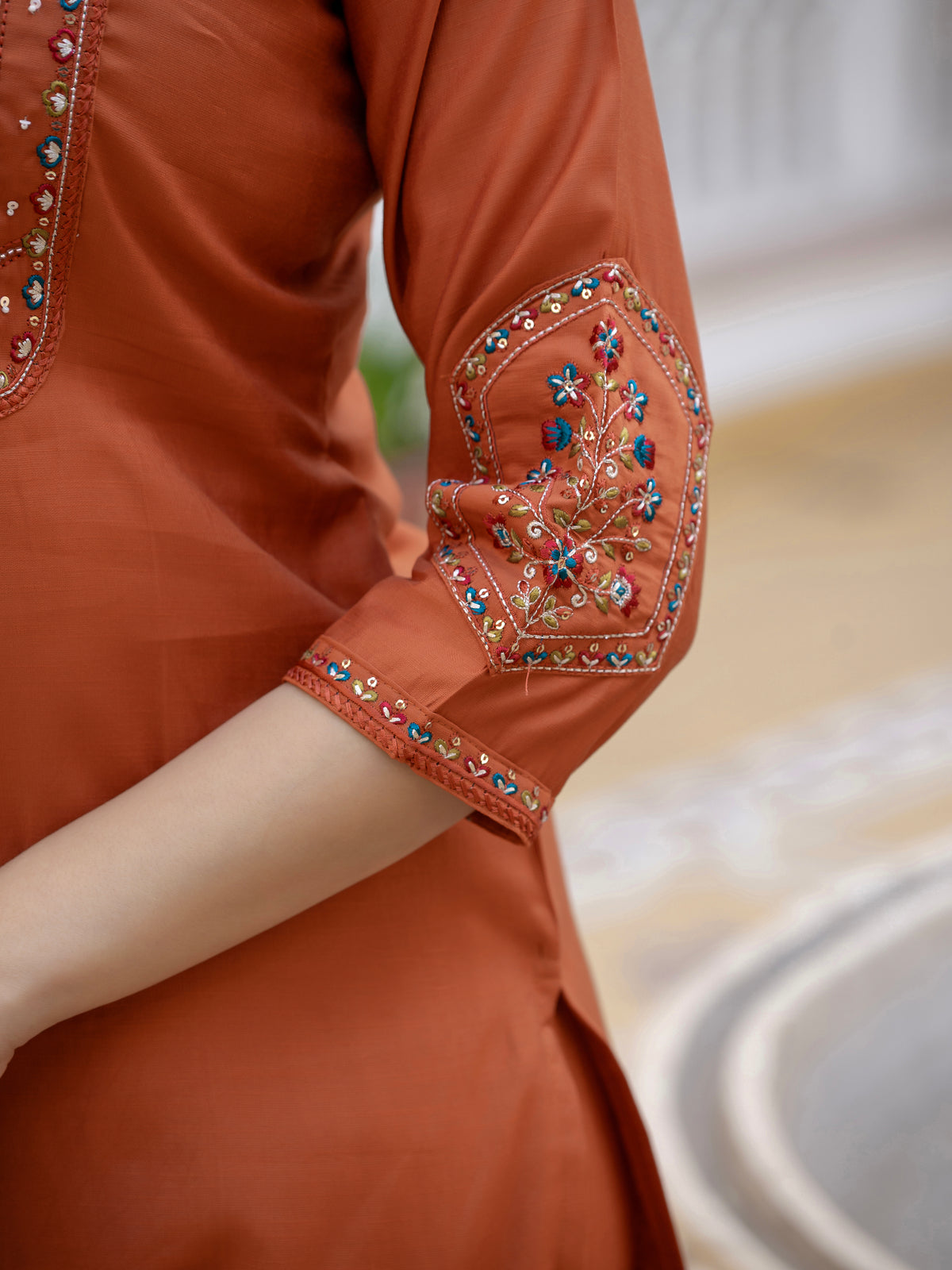 Rust Viscose Mango Silk Embroidered Kurti Set
