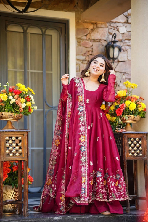 Wine Floral Embroidered Crunchy Silk Anarkali Suit Set