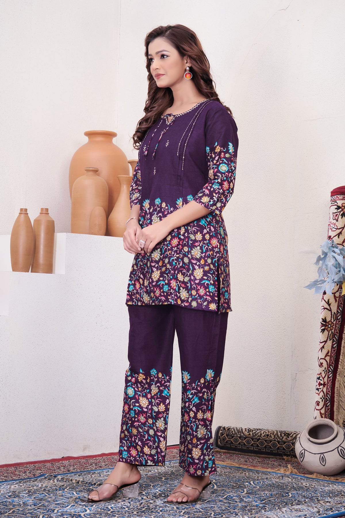 Elegant Wine Floral Printed Pure Cotton Co-Ord Set