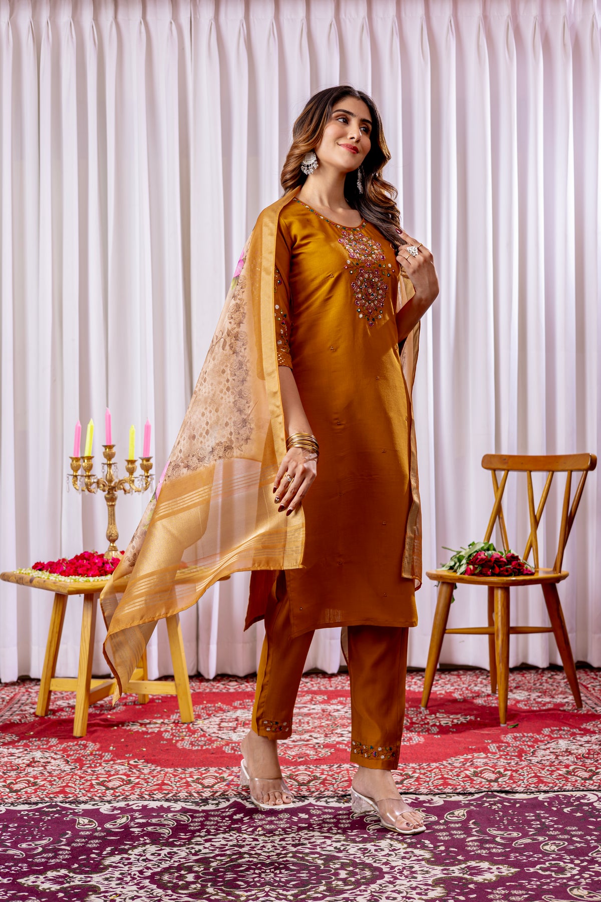 Elegant Mustard Viscose Silk Embroidered Kurta Set