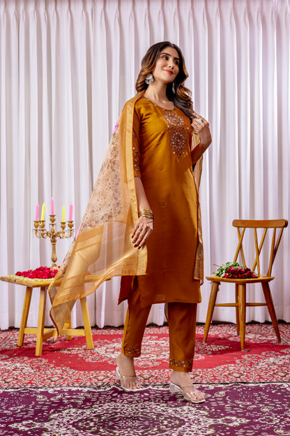 Elegant Mustard Viscose Silk Embroidered Kurta Set