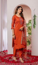 Elegant Orange Viscose Silk Embroidered Kurta Set