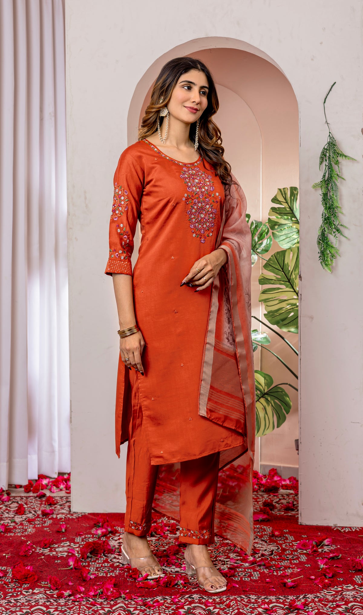 Elegant Orange Viscose Silk Embroidered Kurta Set