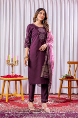Elegant Wine Viscose Silk Embroidered Kurta Set