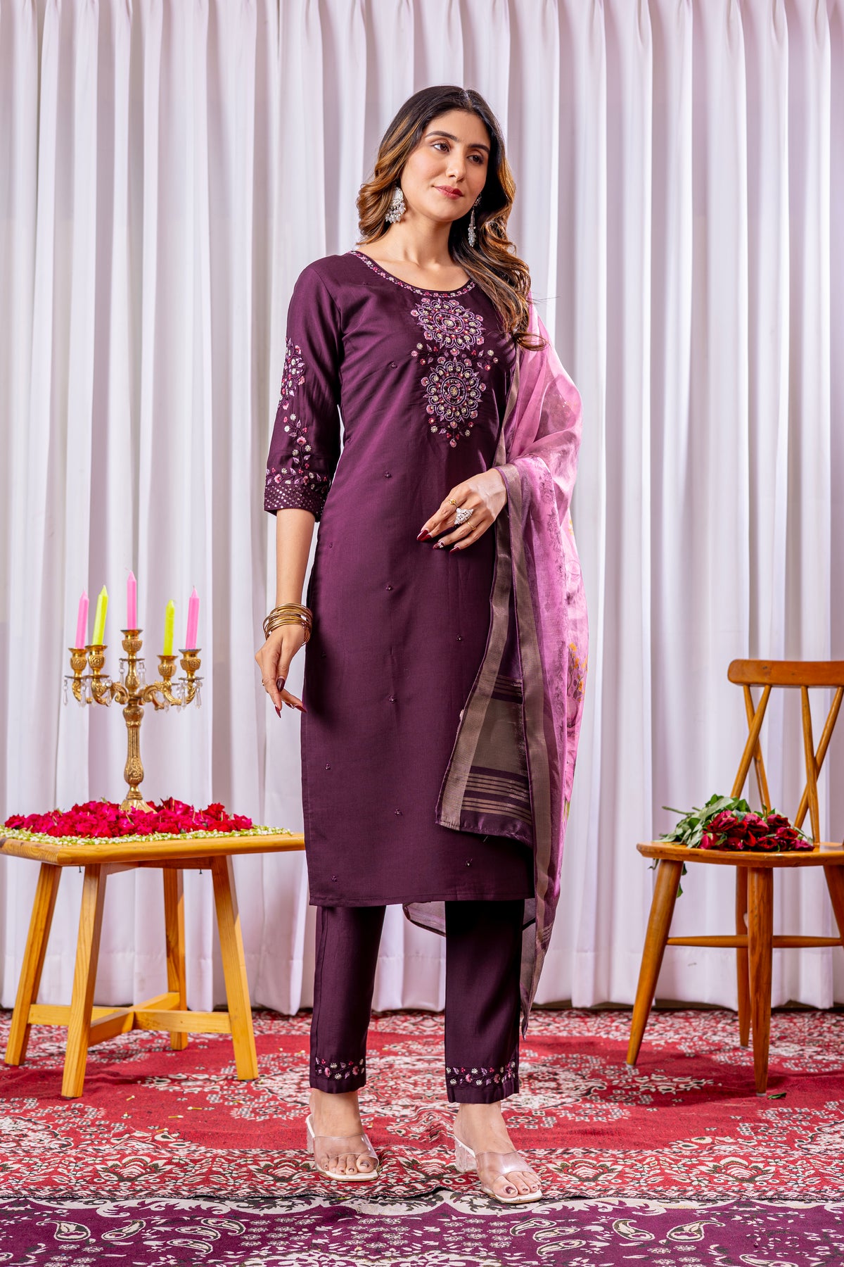 Elegant Wine Viscose Silk Embroidered Kurta Set