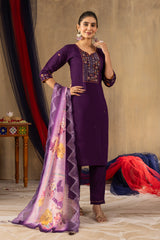 Purple Roman Silk Multi Embroidered Suit Set