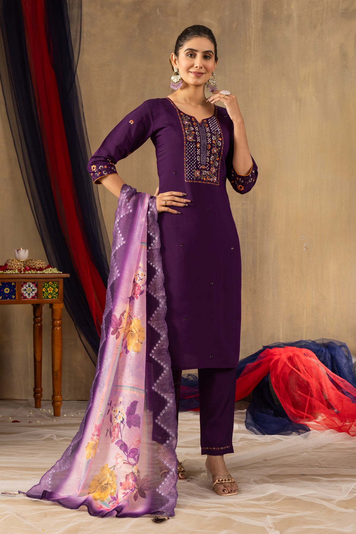Purple Roman Silk Multi Embroidered Suit Set