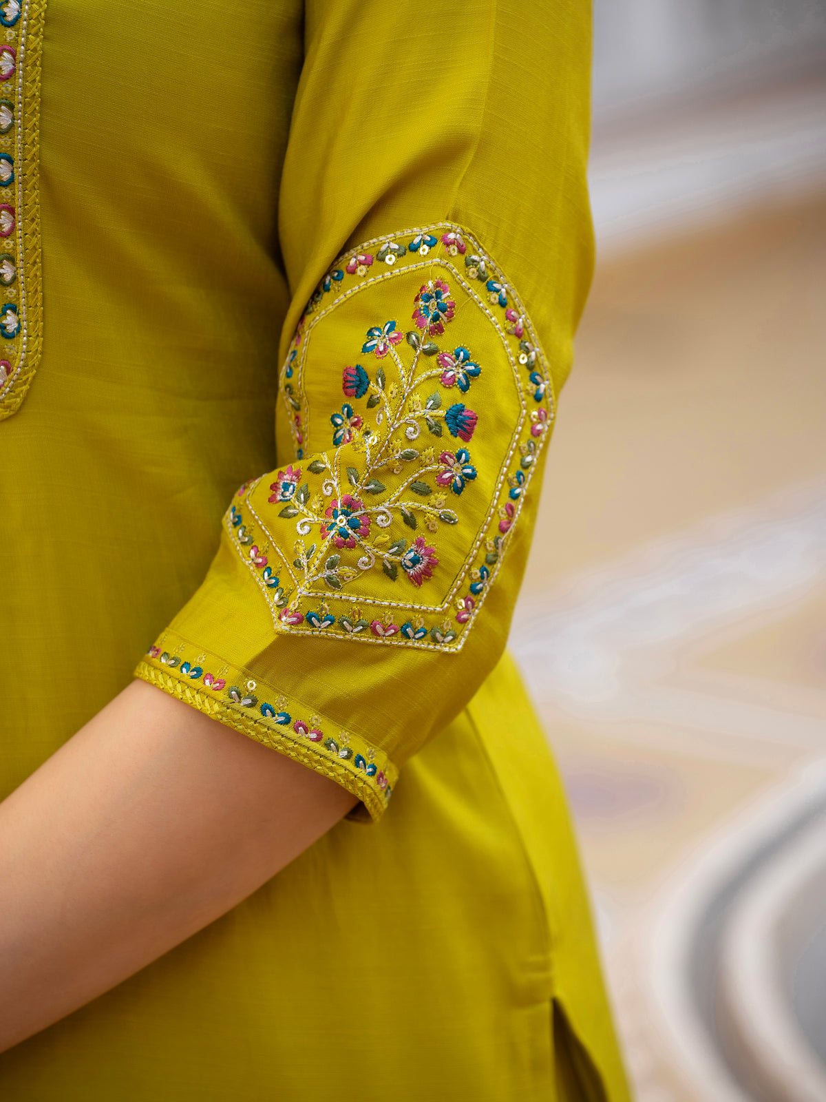 Yellow Viscose Mango Silk Embroidered Kurti Set