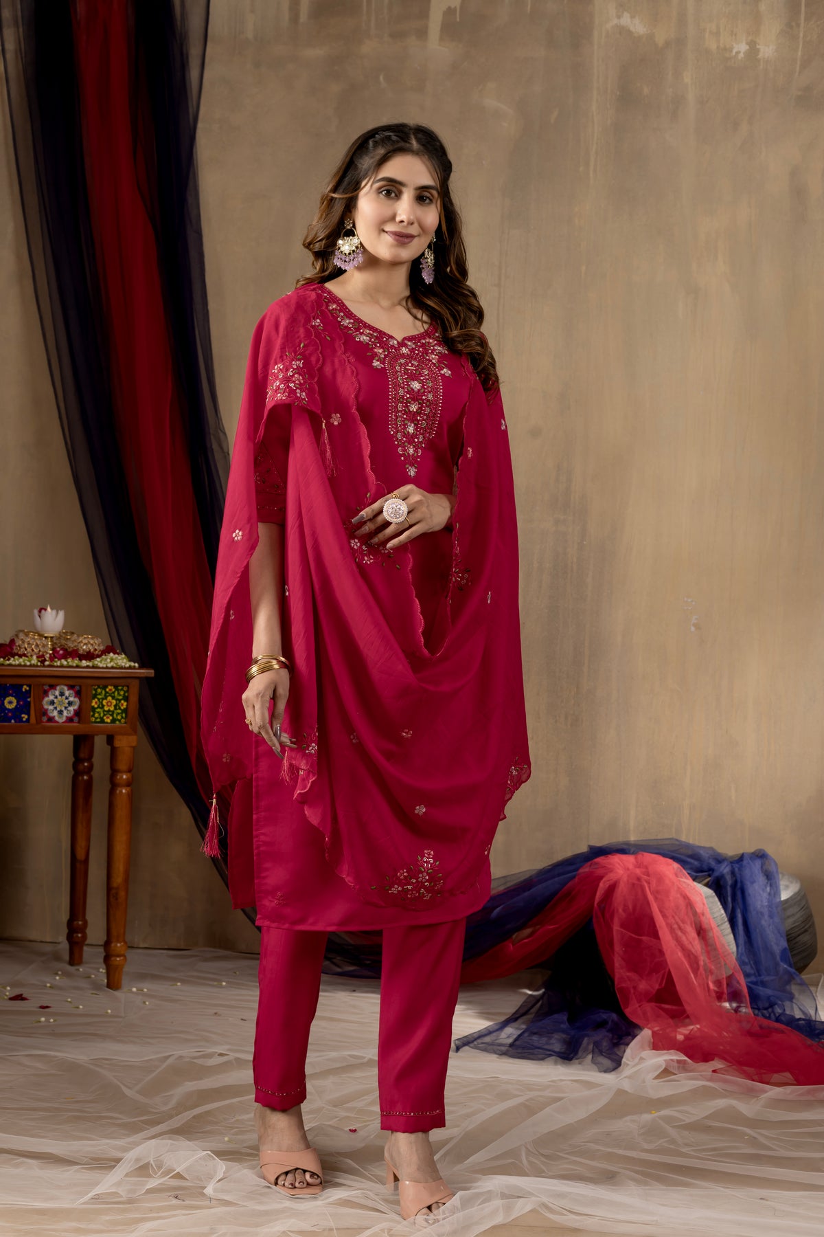 Rani Pink Roman Silk Multi Embroidered Suit Set