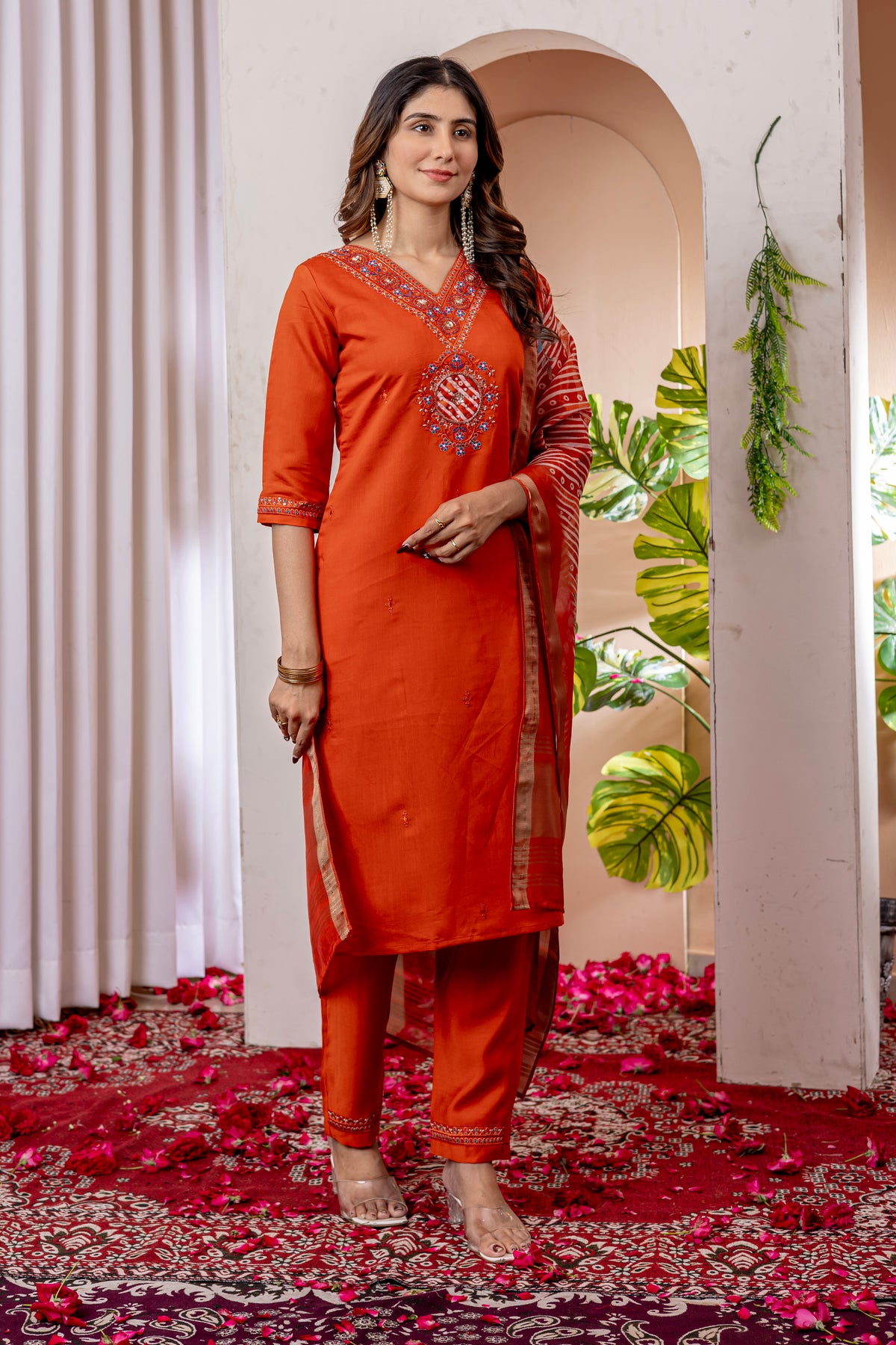 Orange Marina Viscose Silk Multi Embroidered Suit Set
