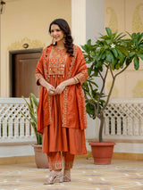 Orange Viscose Roman Silk Anarkali Kurti Pant Set