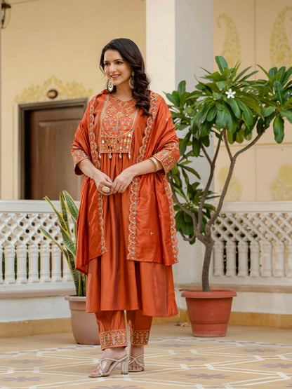 Orange Viscose Roman Silk Anarkali Kurti Pant Set