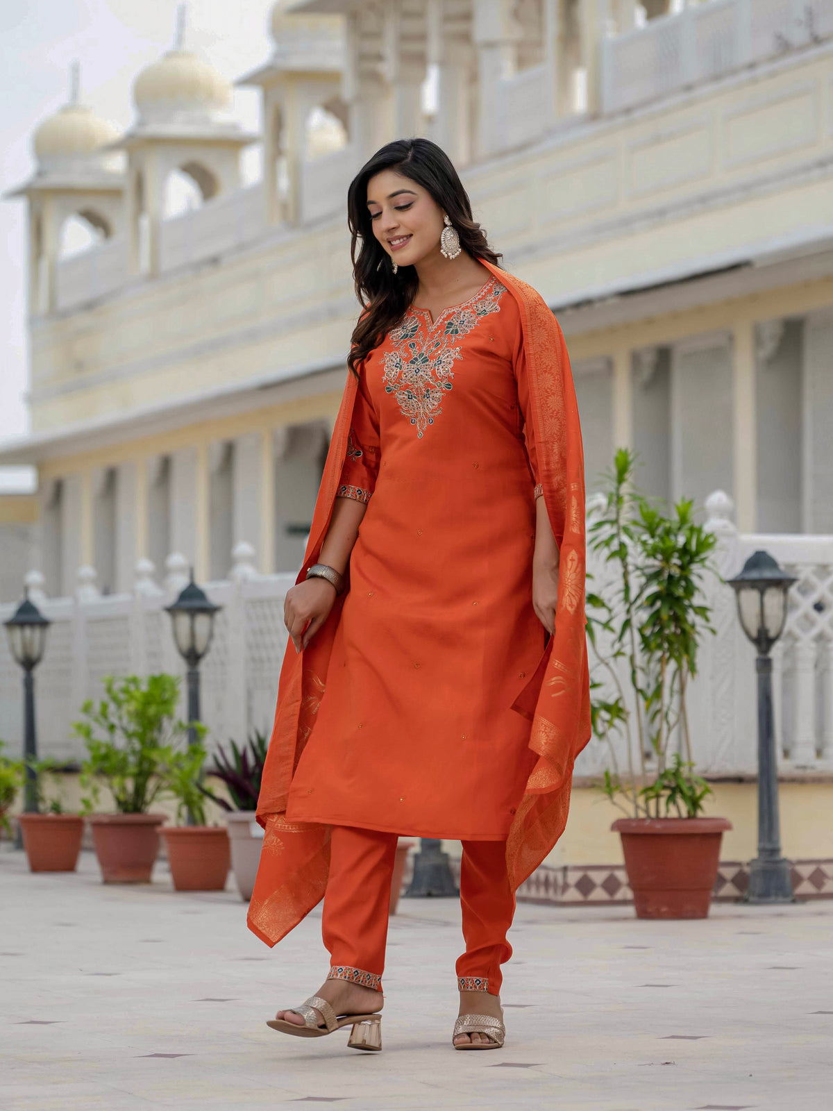 Luxury Orange Premium Roman Silk Suit Set