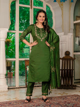 Mehndi Green Marina Silk Multi Embroidered Suit Set