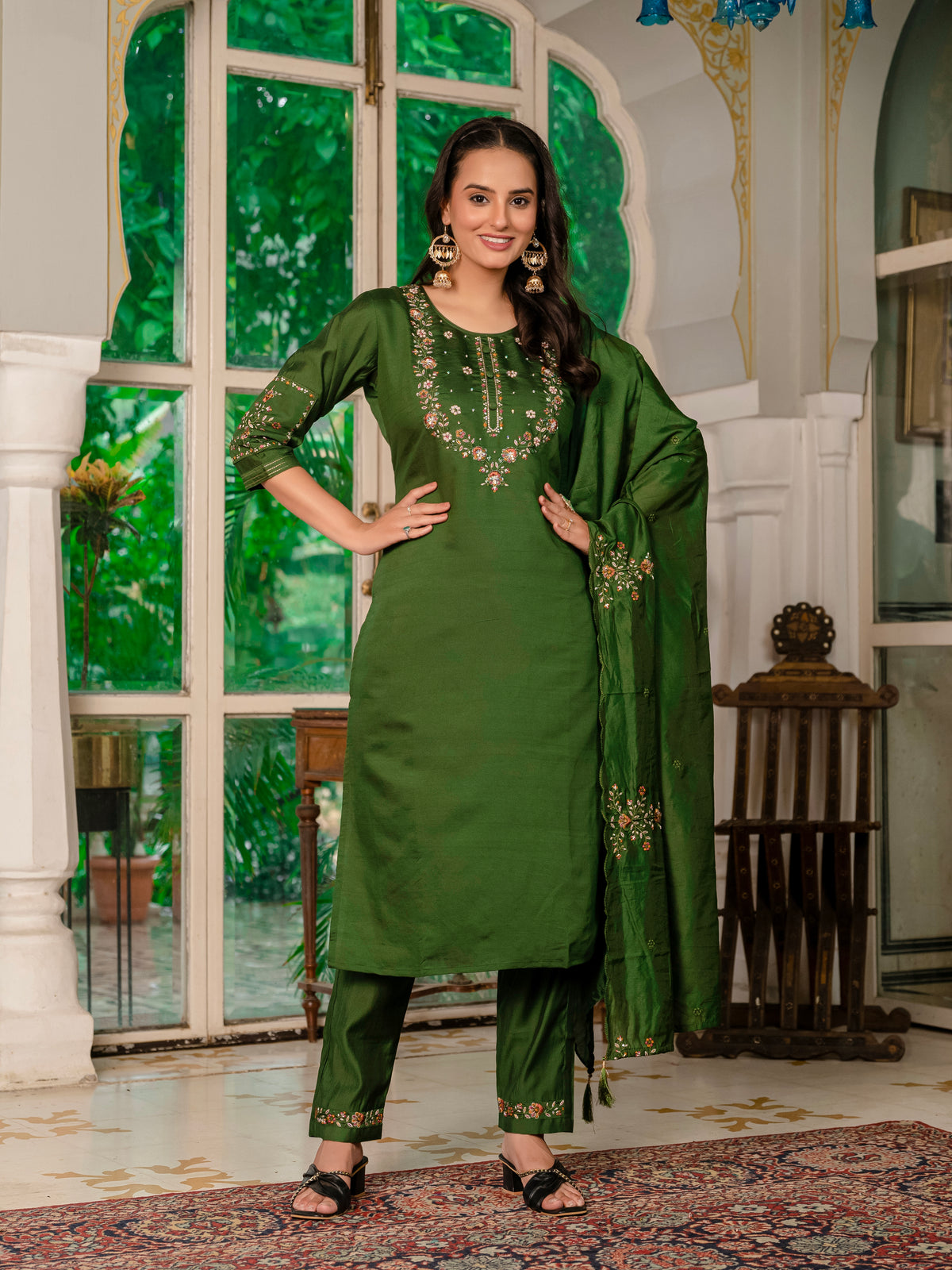 Mehndi Green Marina Silk Multi Embroidered Suit Set