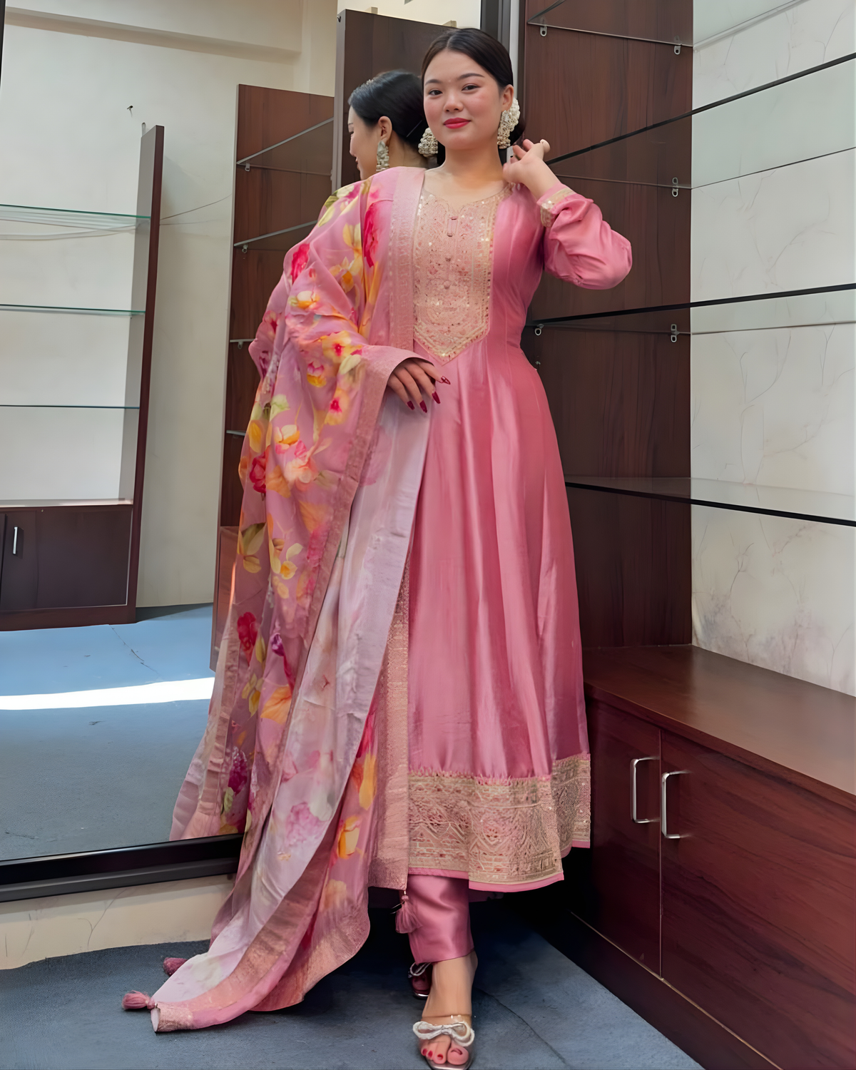 Blush Pink Anarkali Kurti Pant Dupatta Set