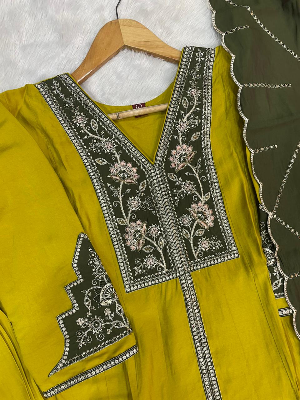 Yellow Roman Silk Anarkali Kurti Set