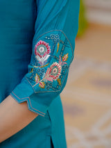 Firozi Viscose Mango Silk Embroidered Kurti Set