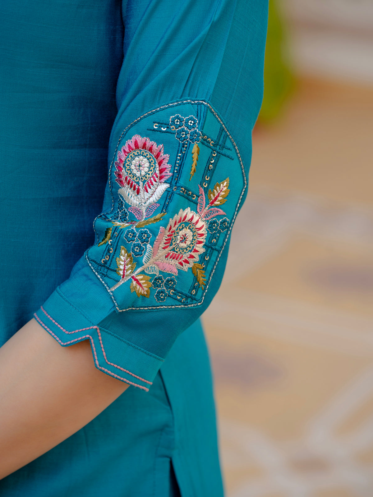 Firozi Viscose Mango Silk Embroidered Kurti Set