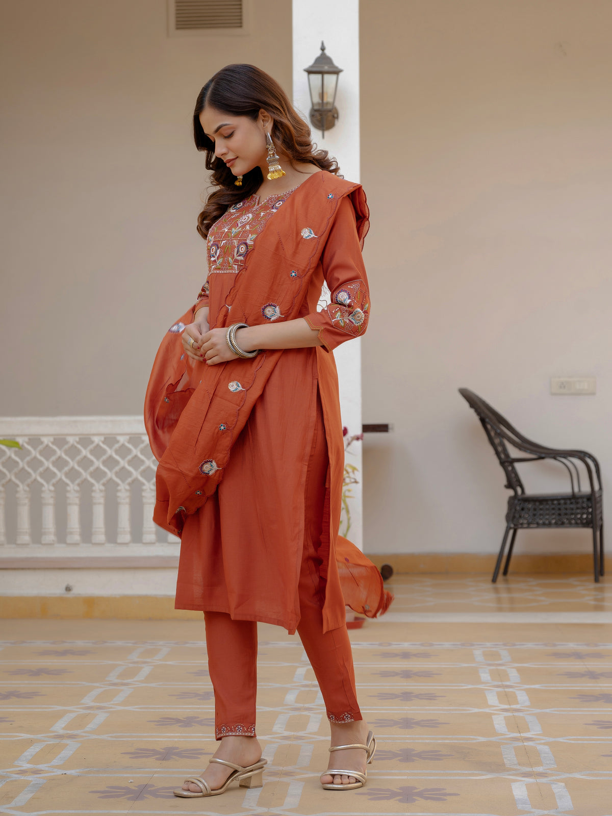 Rust Orange Viscose Mango Silk Embroidered Kurti Set