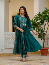 Teal Viscose Roman Silk Anarkali Kurti Pant Set